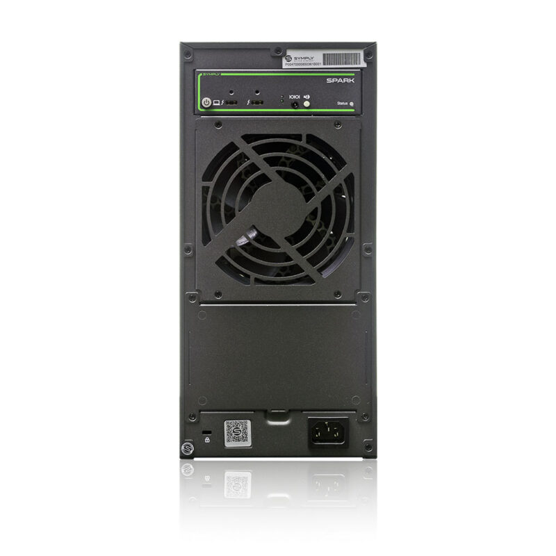 Symply-SPARK_REAR_ports SymplySpark rear - Thunderbolt 3 ports, fan and PSU.